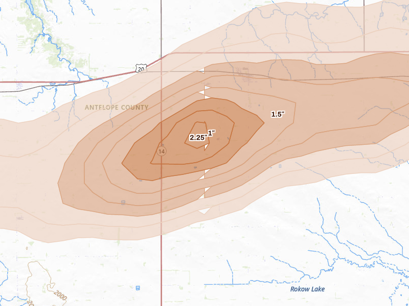 Radar-estimated hail-size map of the storm over Brunswick, NE on Sep 1, 2026