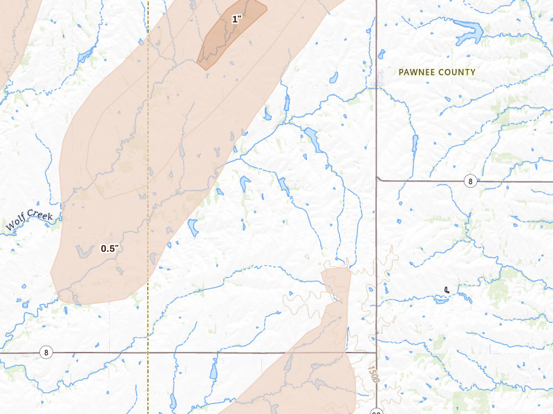 Radar-estimated hail-size map of the storm over Burchard, NE on Apr 23, 2026