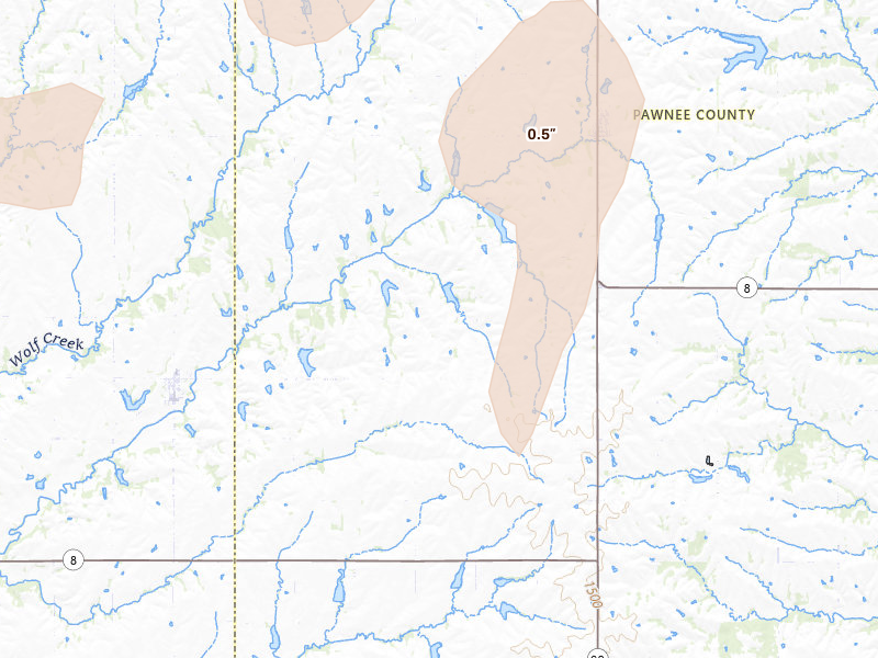 Radar-estimated hail-size map of the storm over Burchard, NE on May 17, 2026