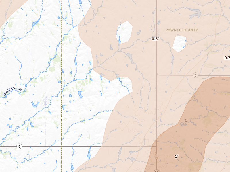 Radar-estimated hail-size map of the storm over Burchard, NE on May 18, 2026