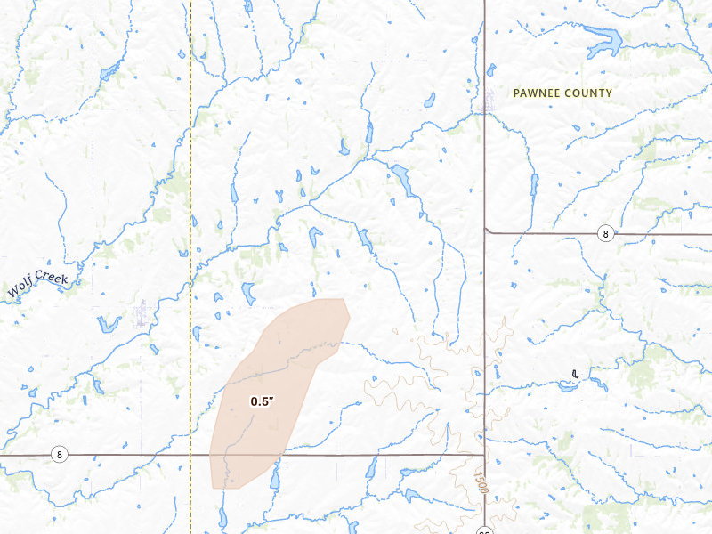 Radar-estimated hail-size map of the storm over Burchard, NE on Jun 4, 2026
