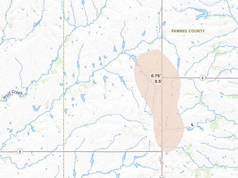 Radar-estimated hail-size map of the storm over Burchard, NE on Jun 6, 2026