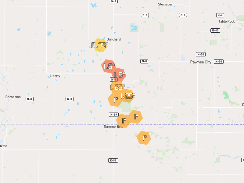 Hail map of Burchard, NE on Jun 6, 2026, hail up to 1.5"