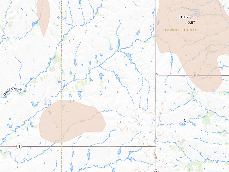 Radar-estimated hail-size map of the storm over Burchard, NE on Jul 3, 2026