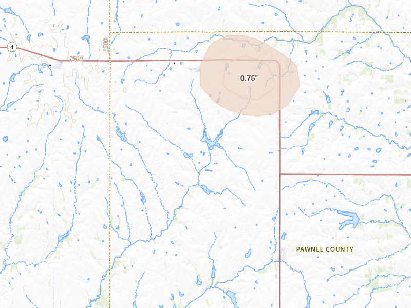 Radar-estimated hail-size map of the storm over Burchard, NE on Aug 19, 2026