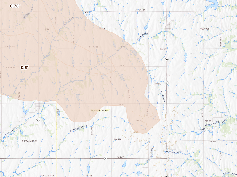 Radar-estimated hail-size map of the storm over Burchard, NE on Sep 12, 2026