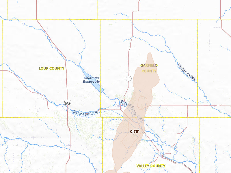 Radar-estimated hail-size map of the storm over Burwell, NE on May 30, 2026