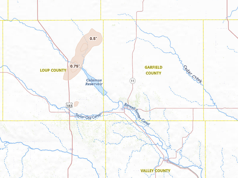 Radar-estimated hail-size map of the storm over Burwell, NE on Jun 3, 2026