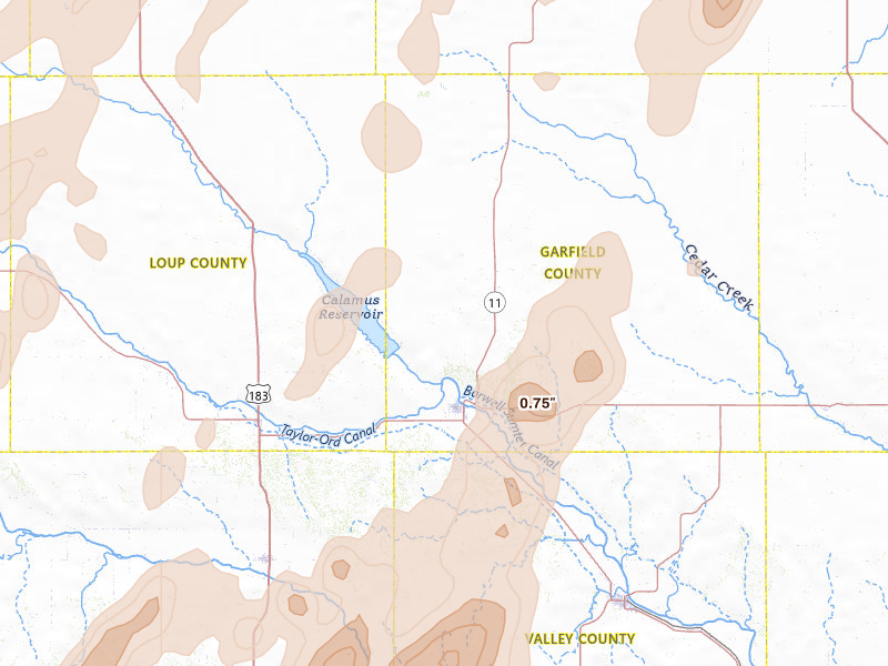 Radar-estimated hail-size map of the storm over Burwell, NE on Jun 9, 2026