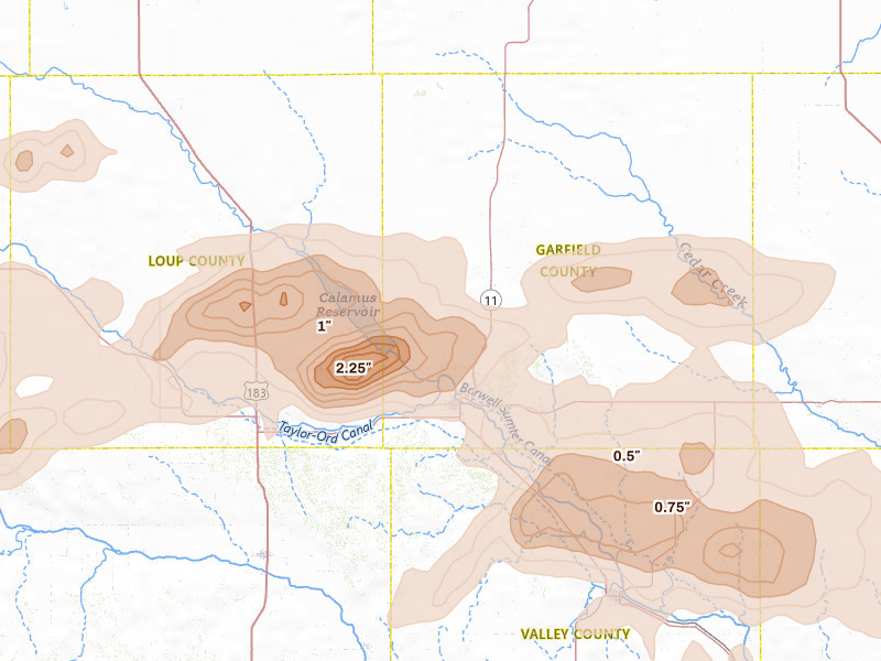 Radar-estimated hail-size map of the storm over Burwell, NE on Jun 12, 2026