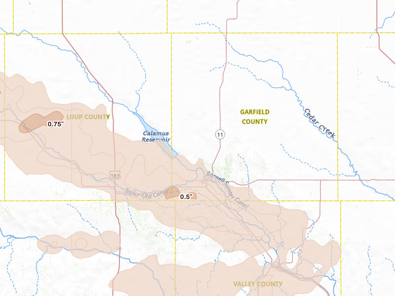 Radar-estimated hail-size map of the storm over Burwell, NE on Jun 20, 2026