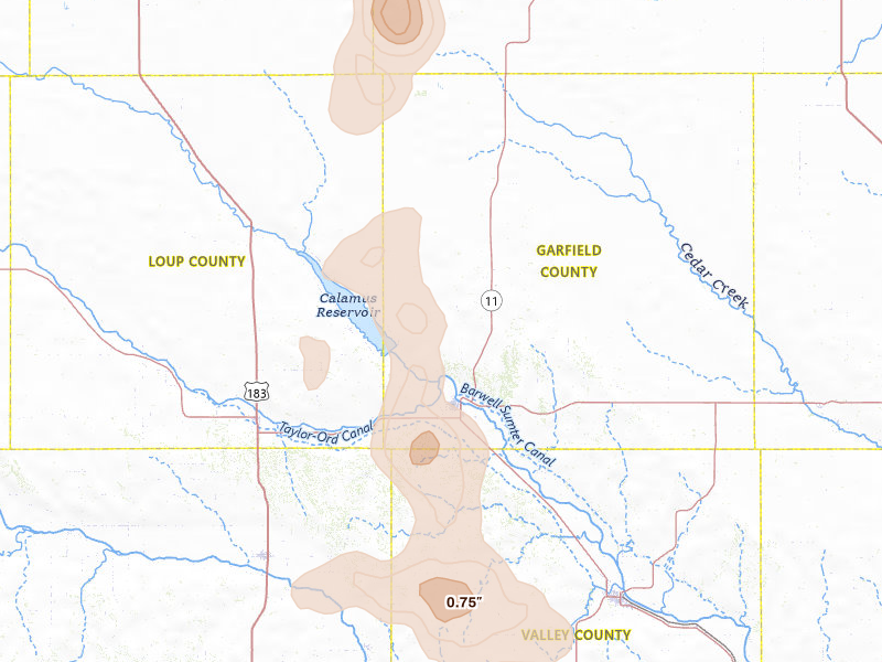 Radar-estimated hail-size map of the storm over Burwell, NE on Jul 4, 2026