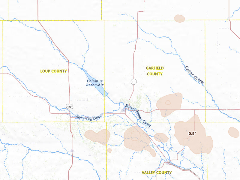 Radar-estimated hail-size map of the storm over Burwell, NE on Jul 30, 2026