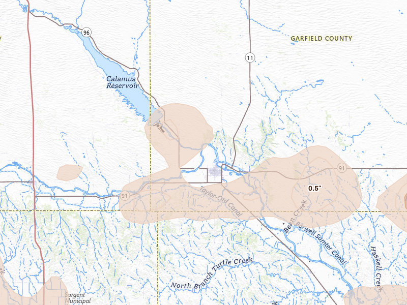 Radar-estimated hail-size map of the storm over Burwell, NE on Aug 8, 2026