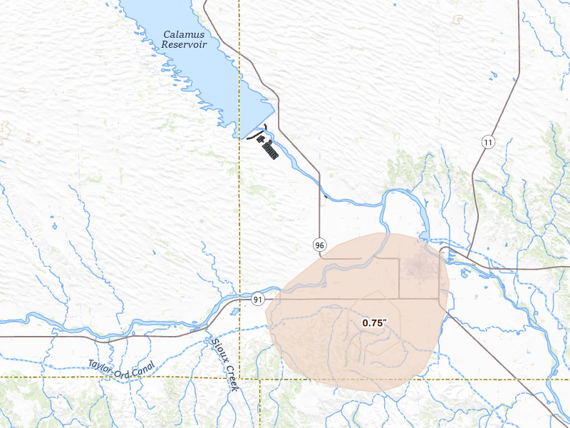 Radar-estimated hail-size map of the storm over Burwell, NE on Aug 10, 2026