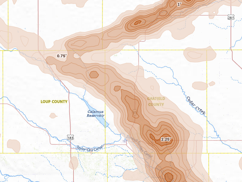 Radar-estimated hail-size map of the storm over Burwell, NE on Aug 17, 2026
