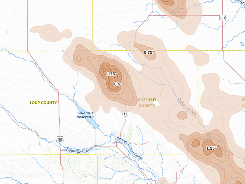 Radar-estimated hail-size map of the storm over Burwell, NE on Aug 19, 2026