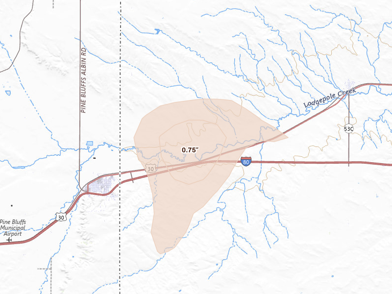 Radar-estimated hail-size map of the storm over Bushnell, NE on Jun 3, 2026