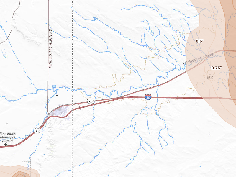 Radar-estimated hail-size map of the storm over Bushnell, NE on Jun 22, 2026