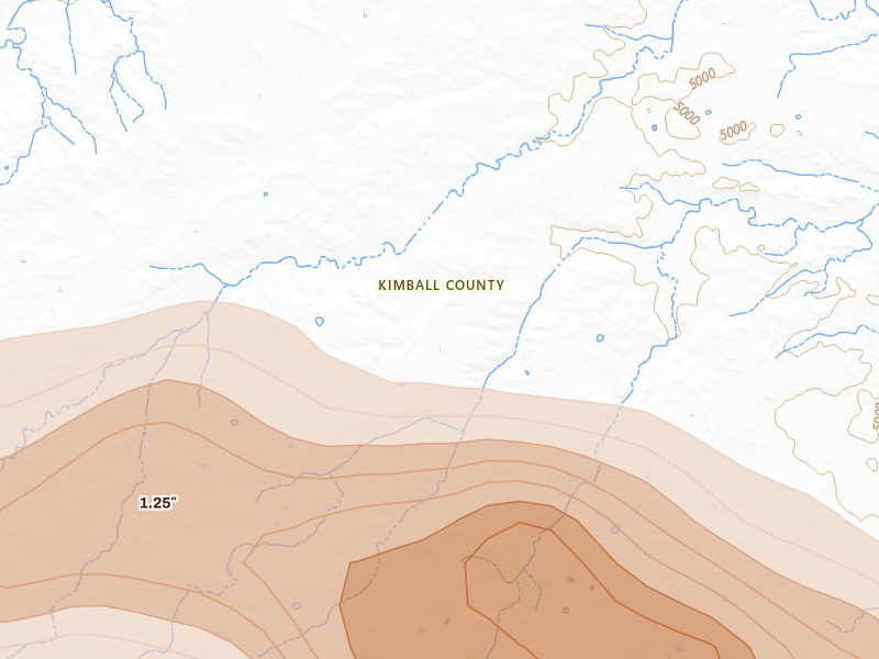 Radar-estimated hail-size map of the storm over Bushnell, NE on Aug 12, 2026