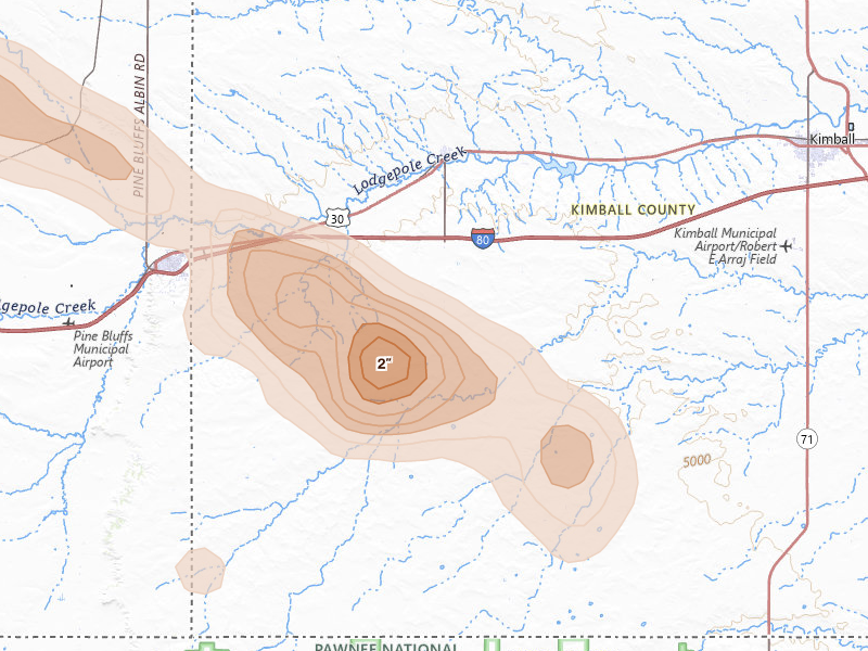 Radar-estimated hail-size map of the storm over Bushnell, NE on Aug 13, 2026