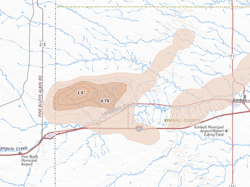 Radar-estimated hail-size map of the storm over Bushnell, NE on Aug 22, 2026