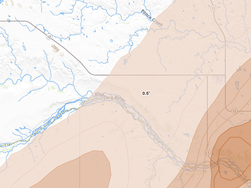 Radar-estimated hail-size map of the storm over Butte, NE on May 17, 2026