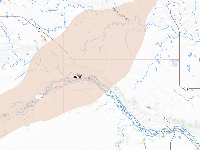 Radar-estimated hail-size map of the storm over Butte, NE on Jun 9, 2026