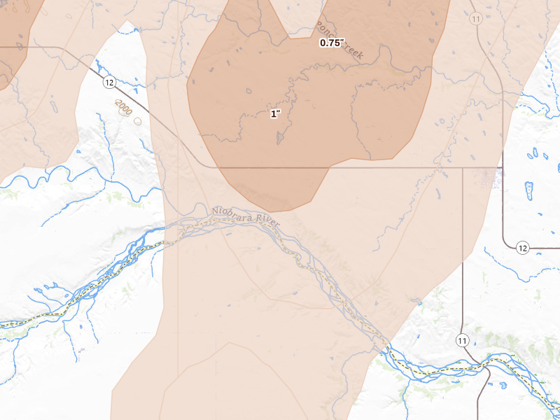 Radar-estimated hail-size map of the storm over Butte, NE on Jun 30, 2026