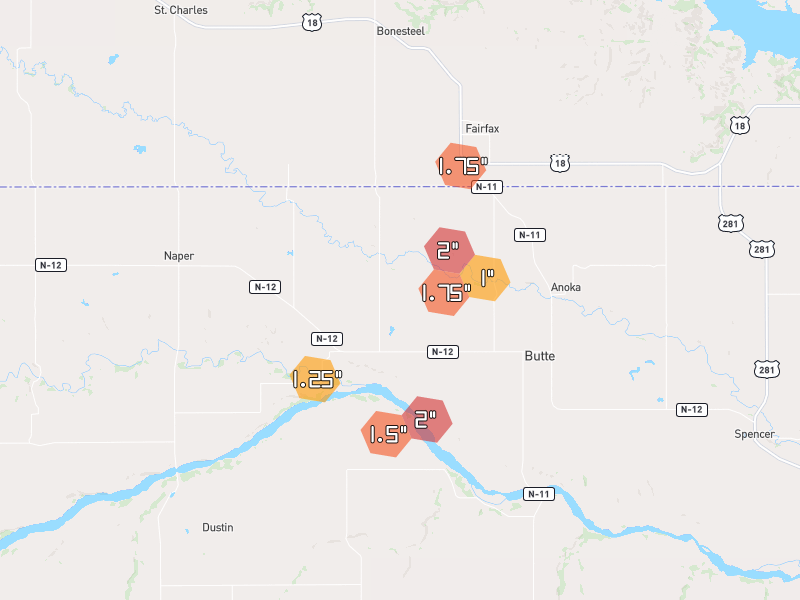 Hail map of Butte, NE on Jul 1, 2026, hail up to 2"