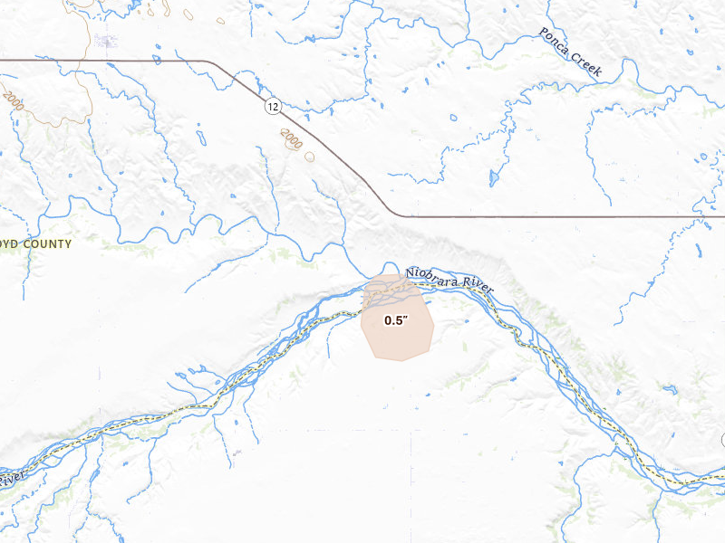 Radar-estimated hail-size map of the storm over Butte, NE on Aug 17, 2026