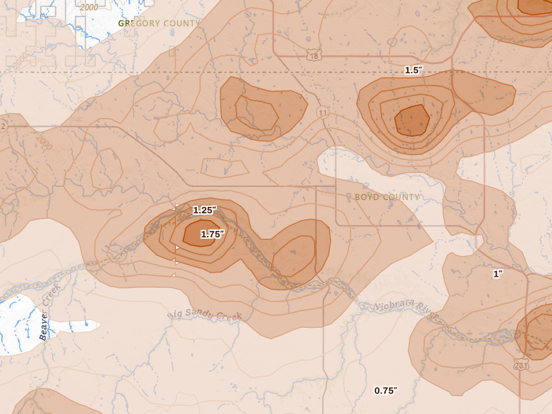 Radar-estimated hail-size map of the storm over Butte, NE on Sep 1, 2026