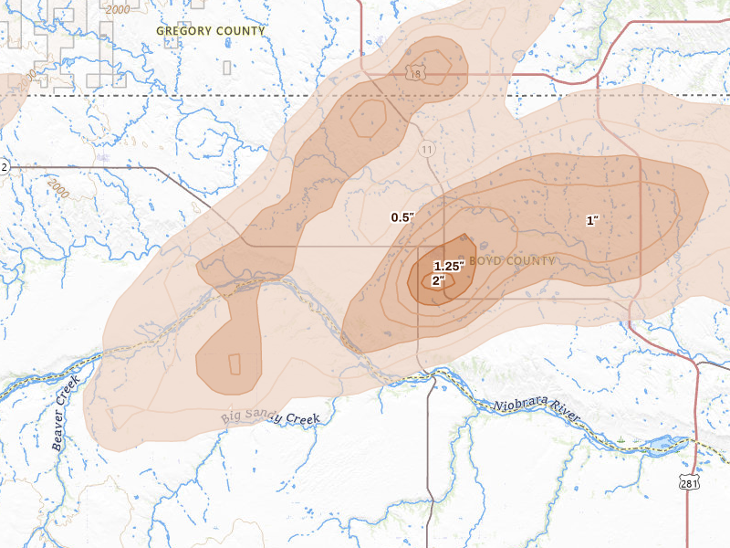 Radar-estimated hail-size map of the storm over Butte, NE