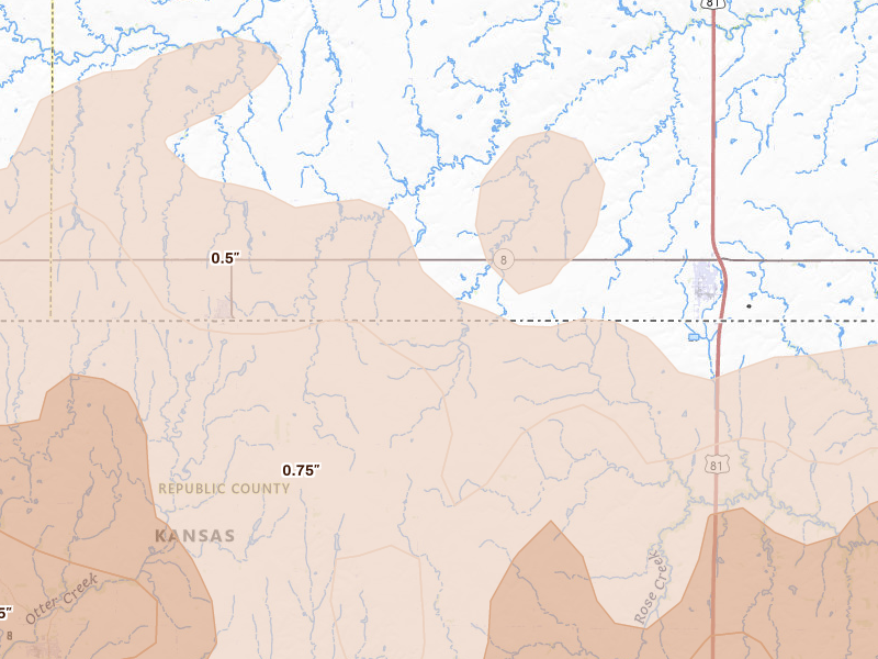 Radar-estimated hail-size map of the storm over Byron, NE on Apr 9, 2026