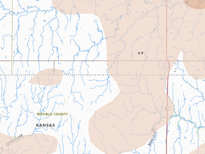 Radar-estimated hail-size map of the storm over Byron, NE on May 16, 2026