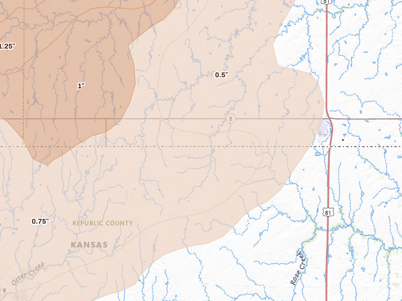 Radar-estimated hail-size map of the storm over Byron, NE on May 17, 2026