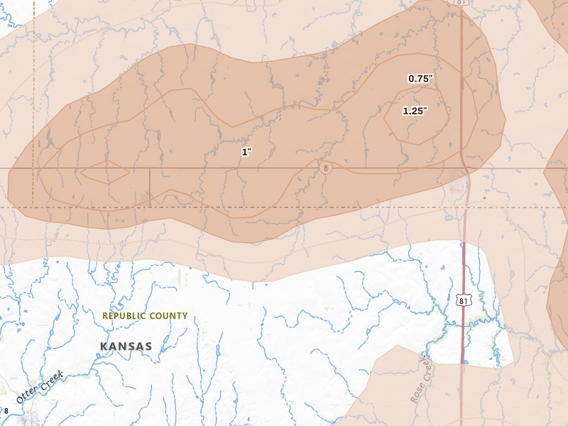Radar-estimated hail-size map of the storm over Byron, NE on Jul 3, 2026
