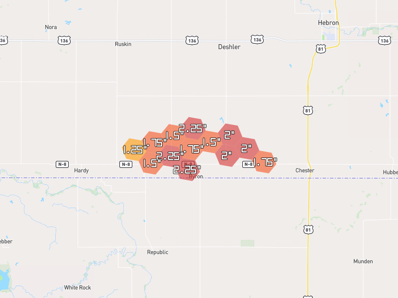 Hail map of Byron, NE on Jul 3, 2026, hail up to 2.25"