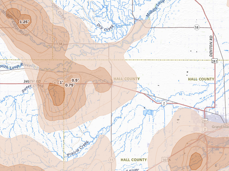 Radar-estimated hail-size map of the storm over Cairo, NE on May 16, 2026