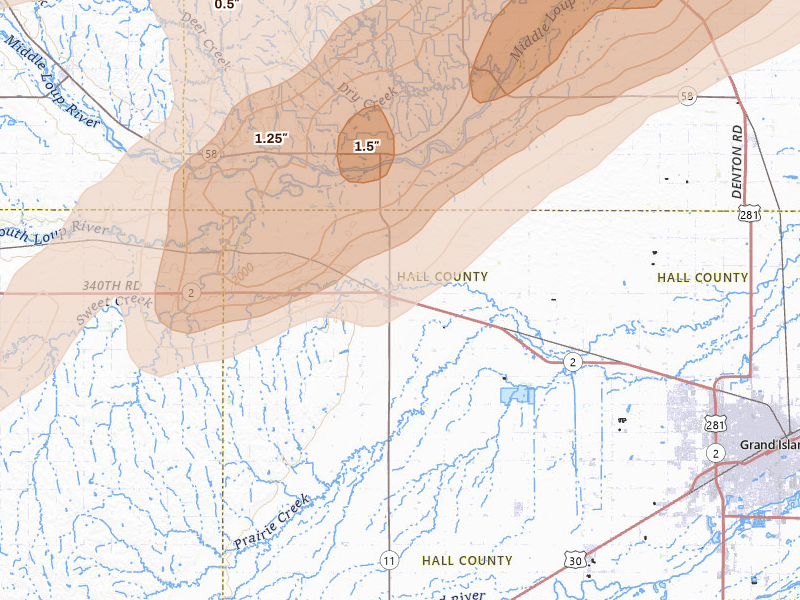 Radar-estimated hail-size map of the storm over Cairo, NE on May 17, 2026