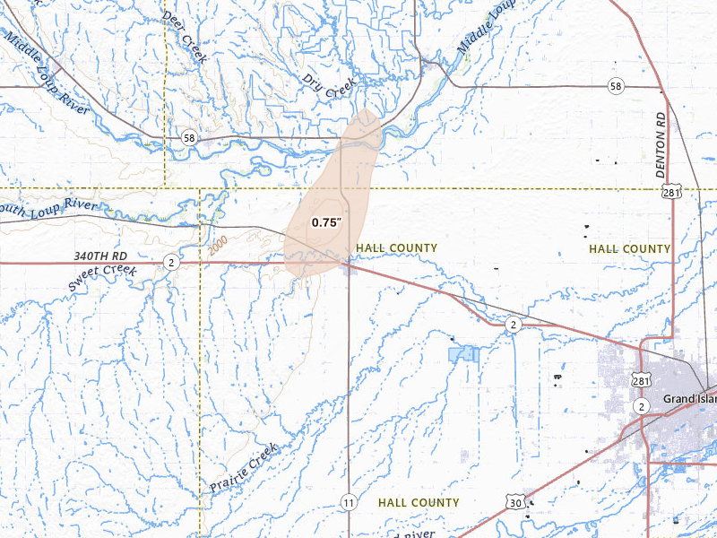 Radar-estimated hail-size map of the storm over Cairo, NE on Jun 3, 2026