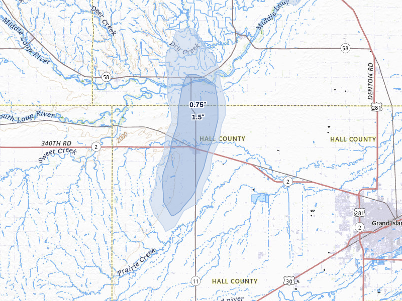 NEXRAD radar-signature map of the hail storm over Cairo, NE on Jun 3, 2026