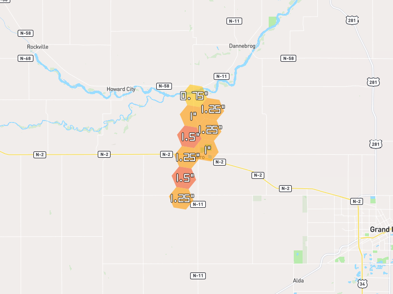 Hail map of Cairo, NE on Jun 3, 2026, hail up to 1.5"