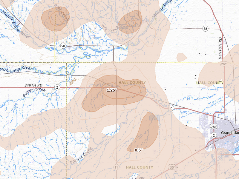 Radar-estimated hail-size map of the storm over Cairo, NE on Jun 5, 2026