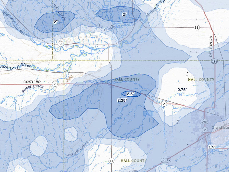 NEXRAD radar-signature map of the hail storm over Cairo, NE on Jun 5, 2026