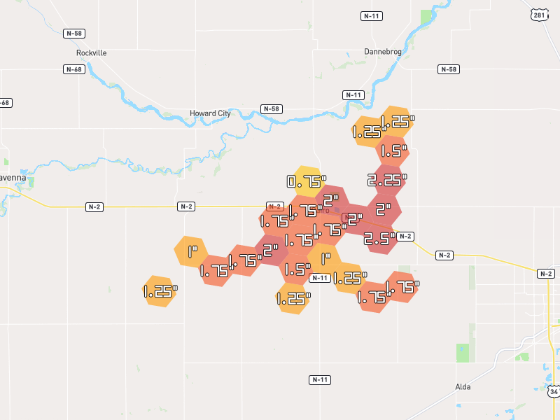 Hail map of Cairo, NE on Jun 6, 2026, hail up to 2.5"