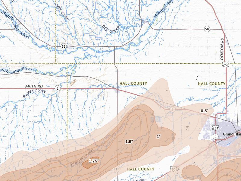 Radar-estimated hail-size map of the storm over Cairo, NE on Jun 10, 2026