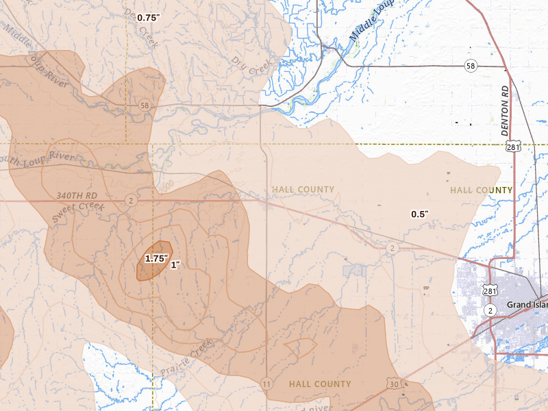 Radar-estimated hail-size map of the storm over Cairo, NE on Jun 20, 2026