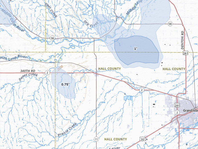 NEXRAD radar-signature map of the hail storm over Cairo, NE on Jul 30, 2026