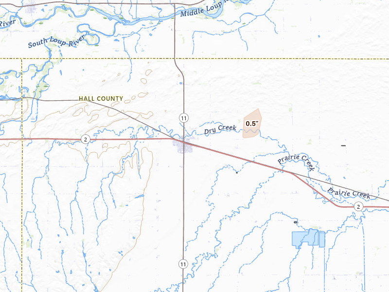 Radar-estimated hail-size map of the storm over Cairo, NE on Aug 10, 2026